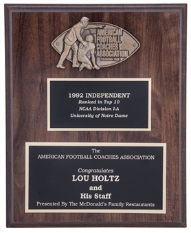 1992 The American Football Coaches Association "Top 10" Congratulatory Plaque Presented To Lou Holtz & His Staff (Holtz LOA)